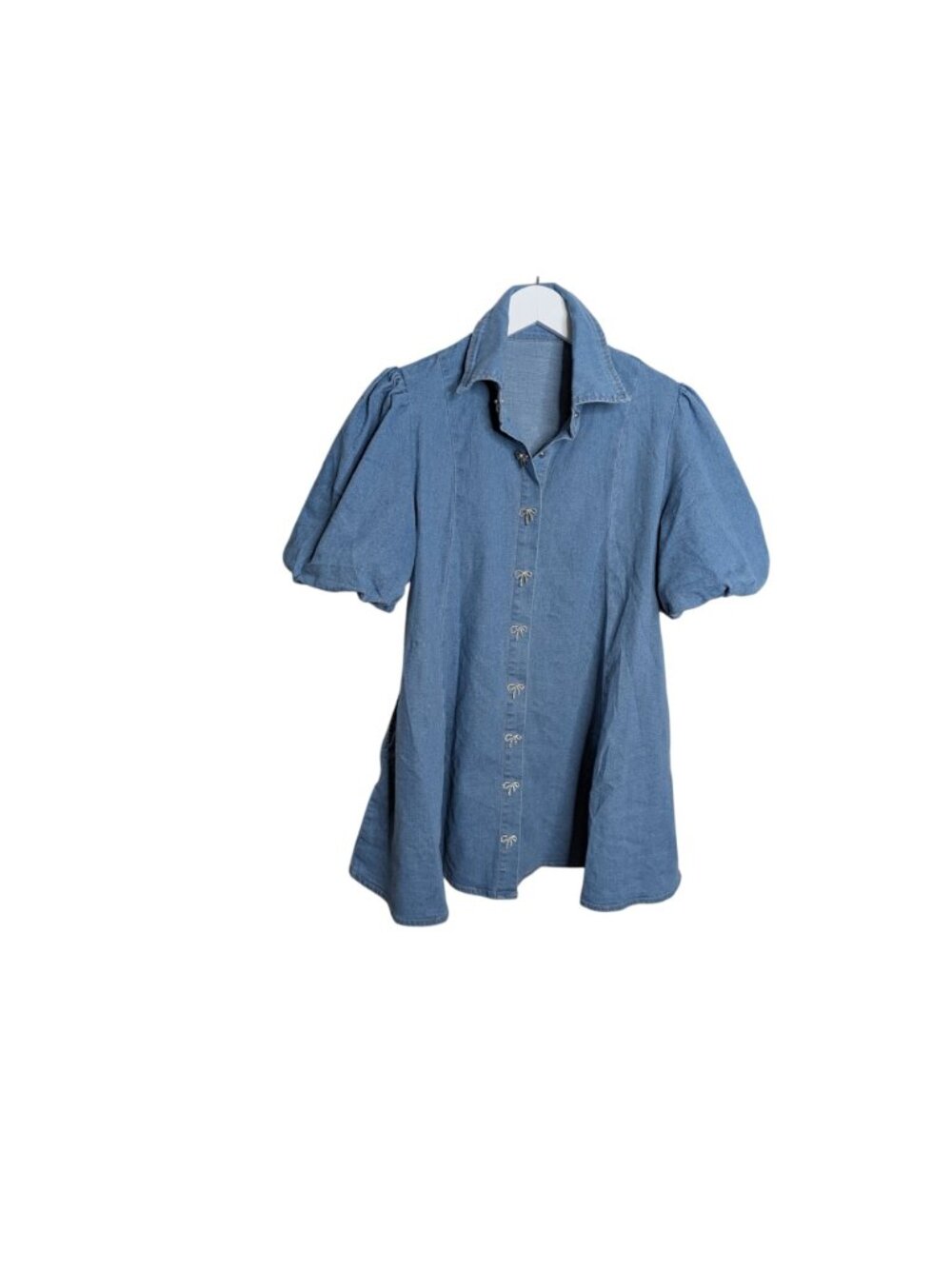 Poliro Denim Baby Doll Dress Sz M With Rhinestone Bow Buttons & Puff Sleeves - Picture 13 of 13